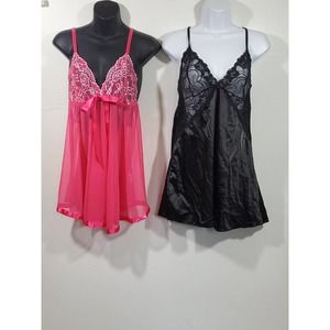 2 Avid Love Large Nightie Black Pink Satiny Lacy Lingerie Short Nightgown